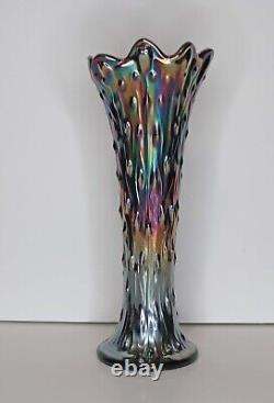 Northwood Tree Trunk Black Amethyst Carnival Glass Swung Vase 10-3/4 Iridescent