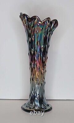 Northwood Tree Trunk Black Amethyst Carnival Glass Swung Vase 10-3/4 Iridescent