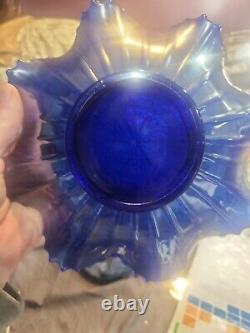 Northwoods Blue Embroidered Mum Carnival Glass Ruffled Bowl 8.75 inch