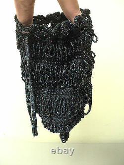ORIGINAL 1920's BLACK IRIDESCENT CARNIVAL GLASS BEADED FLAPPER BAG / HANDBAG