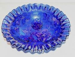 Open Rose Cobalt Blue Carnival Glass Footed Bowl Ruffled Iridescent Vintage