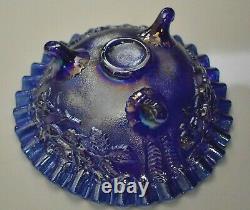Open Rose Cobalt Blue Carnival Glass Footed Bowl Ruffled Iridescent Vintage