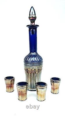 PICCARDO Blue Carnival Glass Decanter Set Argentina Antique 1920S Vintage Rare