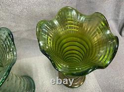 Pair Of 1920's Ripple Swung Vase Carnival Iridescent Glass Electric Green 8