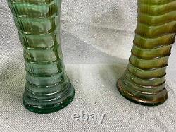 Pair Of 1920's Ripple Swung Vase Carnival Iridescent Glass Electric Green 8