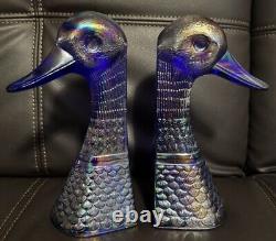 Pair Vintage Imperial Blue Carnival Glass Duck Head Bookends 10 Tall