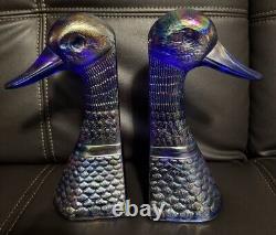 Pair Vintage Imperial Blue Carnival Glass Duck Head Bookends 10 Tall