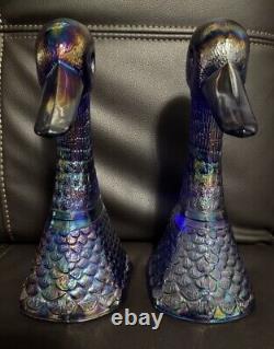 Pair Vintage Imperial Blue Carnival Glass Duck Head Bookends 10 Tall