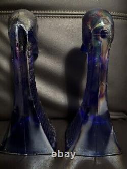 Pair Vintage Imperial Blue Carnival Glass Duck Head Bookends 10 Tall