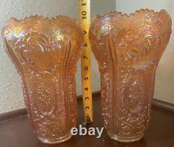 Pair Vtg Imperial Carnival Glass Scroll & Flower Panel Vase Marigold Iridescent