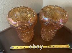 Pair Vtg Imperial Carnival Glass Scroll & Flower Panel Vase Marigold Iridescent