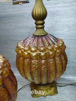 Pair-mcm Funky Phoenix Lamp Inc-amber Carnival Glass Table Lamps Iridescent