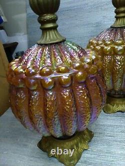 Pair-mcm Funky Phoenix Lamp Inc-amber Carnival Glass Table Lamps Iridescent