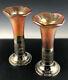 Pair of Vintage Iridescent Art Glass Epergne Vases in Silver-Plated Bases