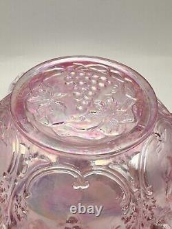 Pink Iridescent Carnival Glass Footed Dish, Grape Harvest Design, Unmarked