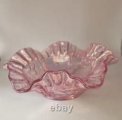 Pink Iridescent Carnival Glass Footed Dish, Grape Harvest Design, Unmarked