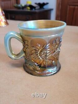 Pretty Aqua Opalescent Northwood Carnival Glass Dandelion Pattern Mug