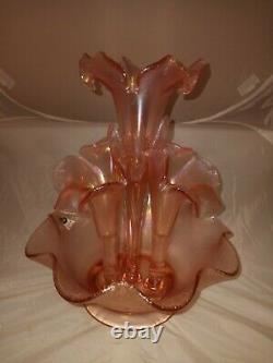 Pristine Vtg Fenton Velva Rose Pink Iridescent Stretch Glass 4 Horn Epergne Vase