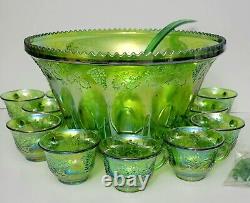 Punch Bowl Vintage Carnival Glass Princess Set Lime 26 Piece Iridescent Sheen