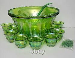 Punch Bowl Vintage Carnival Glass Princess Set Lime 26 Piece Iridescent Sheen