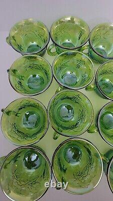 Punch Bowl Vintage Carnival Glass Princess Set Lime 26 Piece Iridescent Sheen