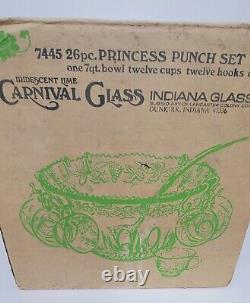 Punch Bowl Vintage Carnival Glass Princess Set Lime 26 Piece Iridescent Sheen