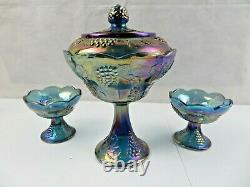 RARE CARNIVAL GLASS ELECTRIC BLUE IRIDESCENT GRAPE CABLE CANDY DISH n CUPS