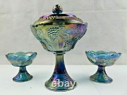 RARE CARNIVAL GLASS ELECTRIC BLUE IRIDESCENT GRAPE CABLE CANDY DISH n CUPS