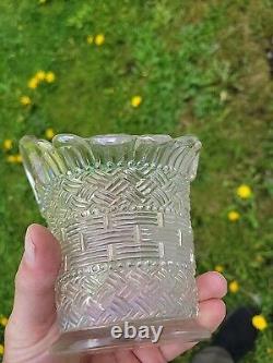 RARE DUGAN Diamond Beaded Basket Ice White Carnival Glass Dish Handle Weave