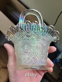 RARE DUGAN Diamond Beaded Basket Ice White Carnival Glass Dish Handle Weave