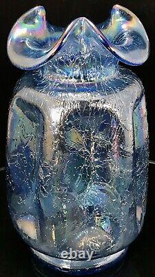 RARE Fenton Art Glass Twilight Blue Iridescent Carnival Crackle Ruffle Vase