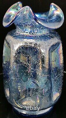RARE Fenton Art Glass Twilight Blue Iridescent Carnival Crackle Ruffle Vase