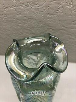 RARE Fenton Art Glass Twilight Green Iridescent Carnival Crackle Ruffle Vase