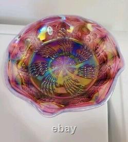 RARE Fenton PLUM OPALESCENT Carnival Glass Butterfly & Berry Fantail Bowl