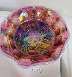 RARE Fenton PLUM OPALESCENT Carnival Glass Butterfly & Berry Fantail Bowl