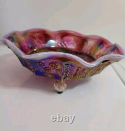 RARE Fenton PLUM OPALESCENT Carnival Glass Butterfly & Berry Fantail Bowl