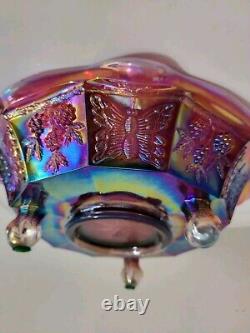 RARE Fenton PLUM OPALESCENT Carnival Glass Butterfly & Berry Fantail Bowl