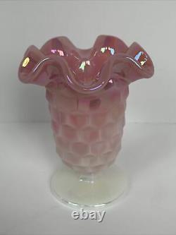 RARE Fenton Pink White Opalescent Diamond Optic Carnival Vase 4.5 Mike Fenton