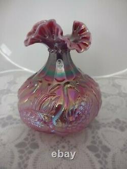 RARE Fenton Plum Opalescent Carnival Swans & Cattails Glass Vase 8H x 7W