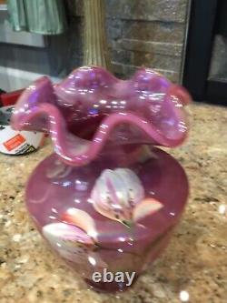 RARE Fenton Raspberry Plum Carnival Opalescent Iridescent Ruffled Glass Vase 7