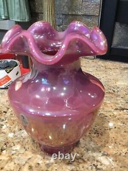 RARE Fenton Raspberry Plum Carnival Opalescent Iridescent Ruffled Glass Vase 7