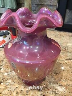 RARE Fenton Raspberry Plum Carnival Opalescent Iridescent Ruffled Glass Vase 7