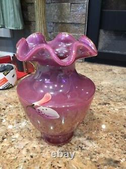 RARE Fenton Raspberry Plum Carnival Opalescent Iridescent Ruffled Glass Vase 7