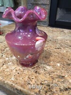 RARE Fenton Raspberry Plum Carnival Opalescent Iridescent Ruffled Glass Vase 7