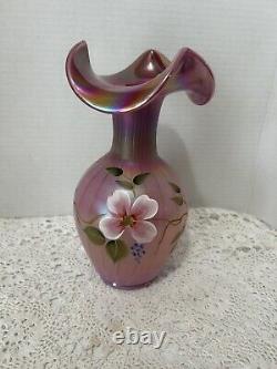 RARE Fenton Raspberry Plum Carnival Opalescent Iridescent Ruffled Glass Vase 9