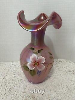 RARE Fenton Raspberry Plum Carnival Opalescent Iridescent Ruffled Glass Vase 9