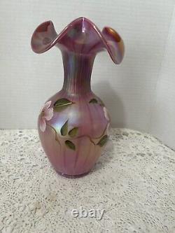 RARE Fenton Raspberry Plum Carnival Opalescent Iridescent Ruffled Glass Vase 9