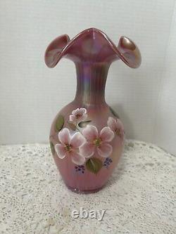 RARE Fenton Raspberry Plum Carnival Opalescent Iridescent Ruffled Glass Vase 9