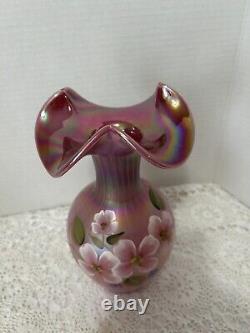 RARE Fenton Raspberry Plum Carnival Opalescent Iridescent Ruffled Glass Vase 9