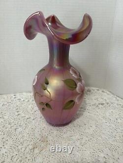 RARE Fenton Raspberry Plum Carnival Opalescent Iridescent Ruffled Glass Vase 9